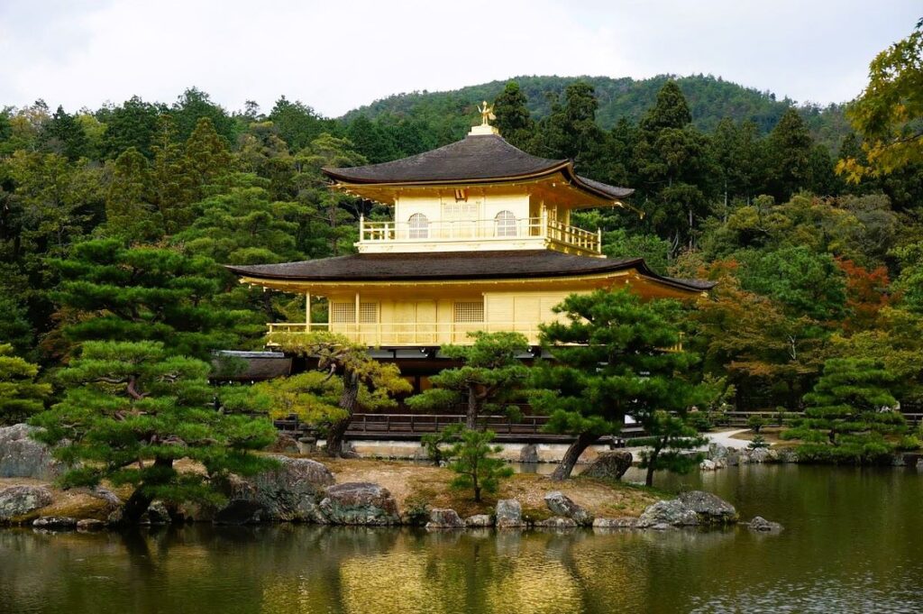 Kinkakuji Temple in Kyoto showing the Buddhist temple architecture which is different from the Shinto architecture