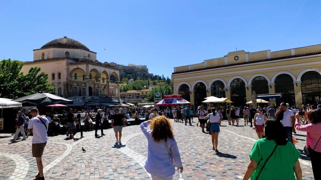 Monastiraki Square Athens with the view of the Acropolis in the distance