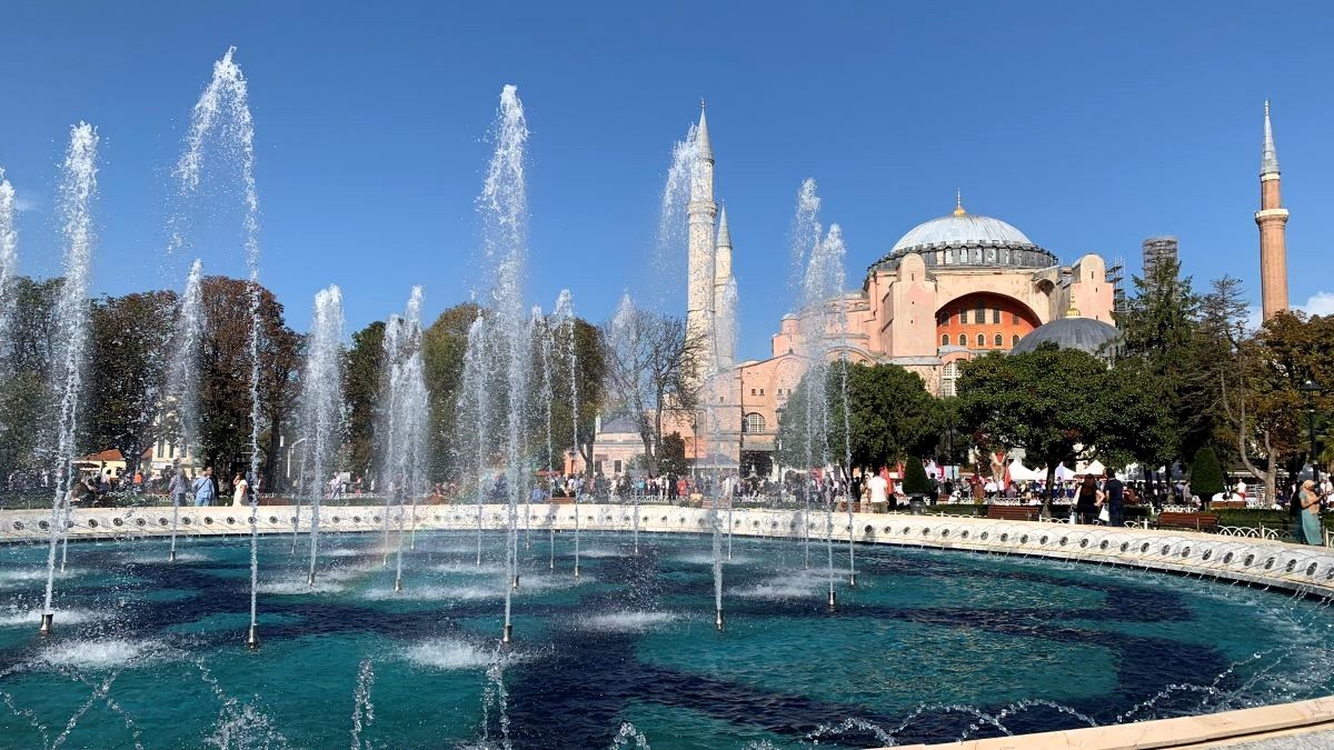 Water fountain in front of the beautiful Hagia Sophia in Istanbul