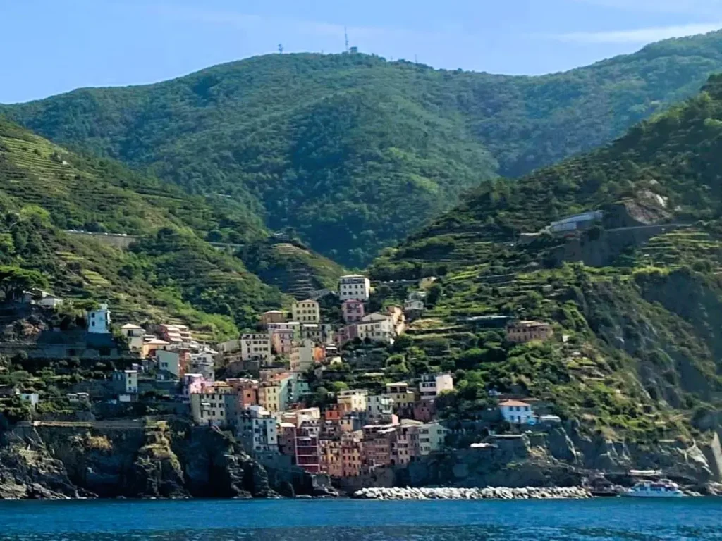 Italy Cinque Terre biew from a boat view of Monterosso al Mare, one of the stunning villages of Cinque Terre, as we approached it by boat