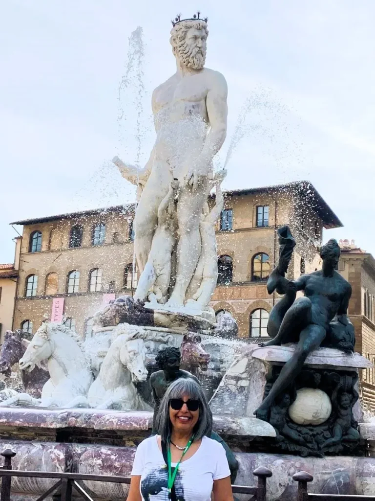 Florence Gijji in front of Fountain of Neptune